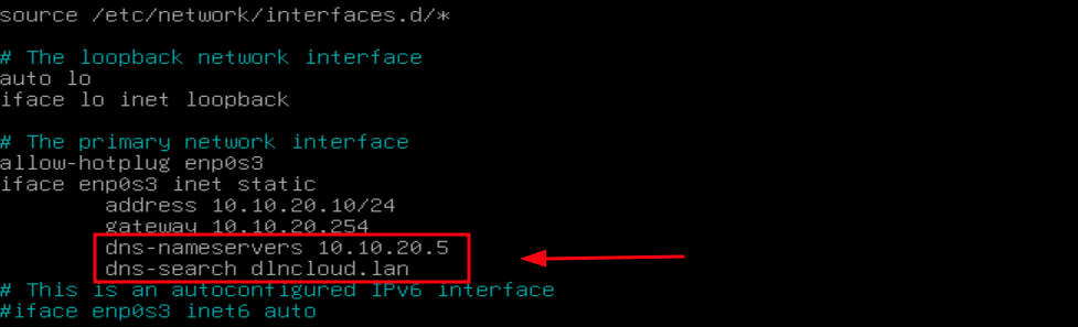 código com a configuração da placa de rede do servidor de arquivos samba, incluindo a configuração do dns para localizar o servidor controlador de domínio
