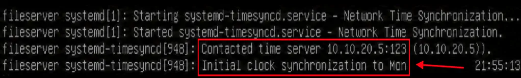 Registros da conexão com o servidor DC do domínio na saída do comando:
systemctl status systemd-timesyncd.service 