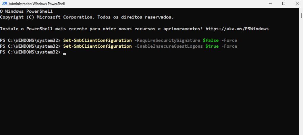 comando sendo executados para autorizar windows 11 a acessar compartilhamento público do samba