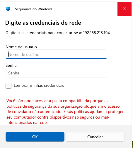 mensagem com aviso quando windows 11 não acessa compartilhamento samba publico