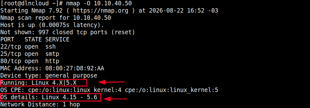 comando nmap executado para identificar o sistema operacional do host alvo e exibindo na saída toda informação coletada