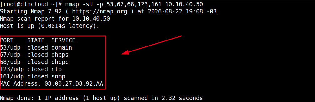 comando nmap fazendo mapeamento de portas UDP no servidor linux