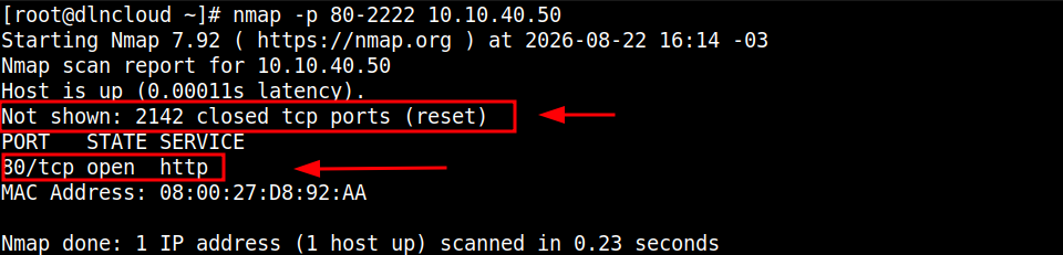 comando nmap fazendo escaneamento de portas especificadas no host alvo