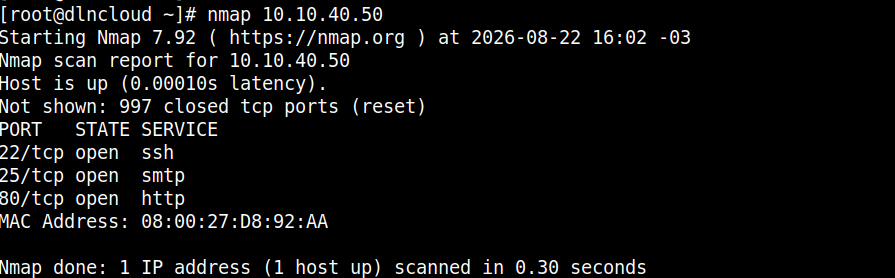 escanamento  básico no host alvo e exibindo as portas abertas na saída do comando nmap
