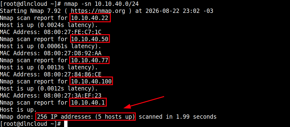 nmap executado sobre a rede 10.10.40.0/24 para descobrir quais hosts estão ativos.