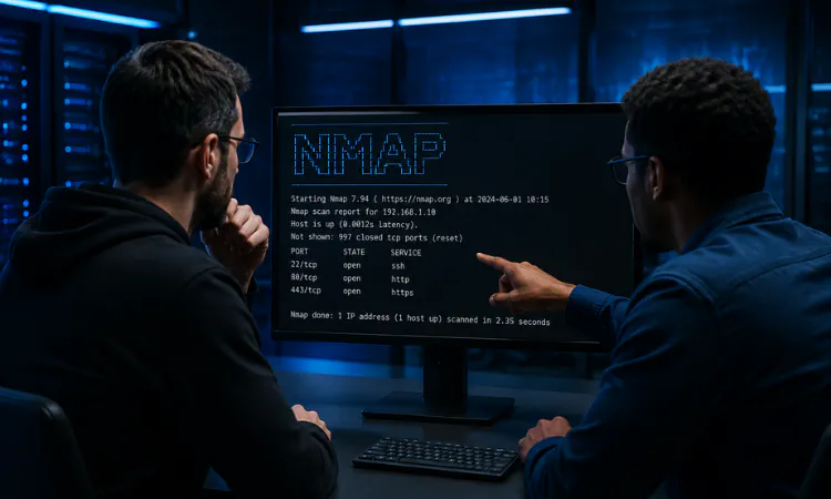 dois profissionais de ti analisando o escaneamento de portas feito pelo comando nmap