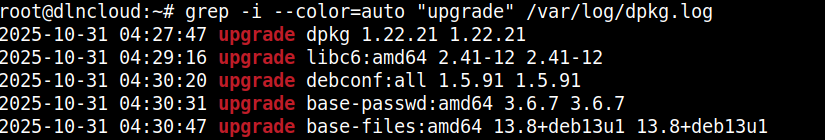 comando grep -i --color=auto pesquisando a palavra "upgrade" no arquivo "/var/log/dpkg.log"