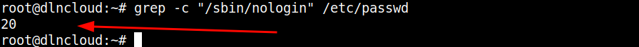 saída do comando grep -c "/sbin/nologin" exibindo o número total de linhas que correspondem ao padrão de busca "/sbin/nologin"