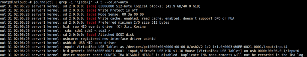 comando "journalctl | grep -i '\[sda\]' -A 5 --color=auto" executado no terminal do linux e a saída exibindo o padrão de busca encontrado e as 5 linhas posteriores.