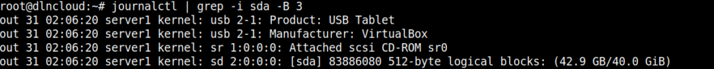 grep filtrando pela string "sda" e exibindo no resultado 3 linhas antes do padrão de busca encontrado.