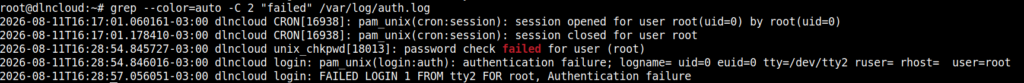 comando grep utilizando opção "-C" para listar duas linhas anteriores e posteriores ao padrão de pesquisa encontrado no arquivo "/var/log/auth.log"