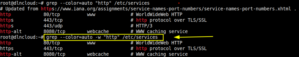 pesquisando exatamente a palavra "http" no arquivo "/etc/services" utilizando o grep.