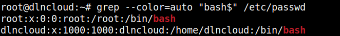 saída do comando grep --color=auto "bash$" "/etc/passwd" exibindo as contas de usuário que utilizam o shell bash