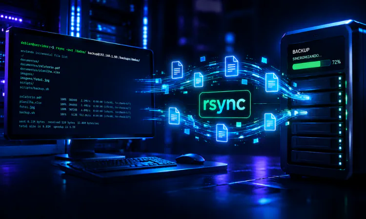 comando rsync transferindo arquivos do desktop para o servidor