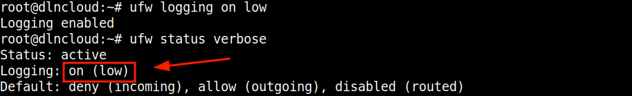 comando ufw ativando os logs do firewall ufw para no nível baixo.