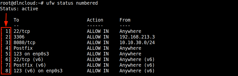 comando "ufw status numbered" exibindo as regras salvas no firewall ufw e numerando-as