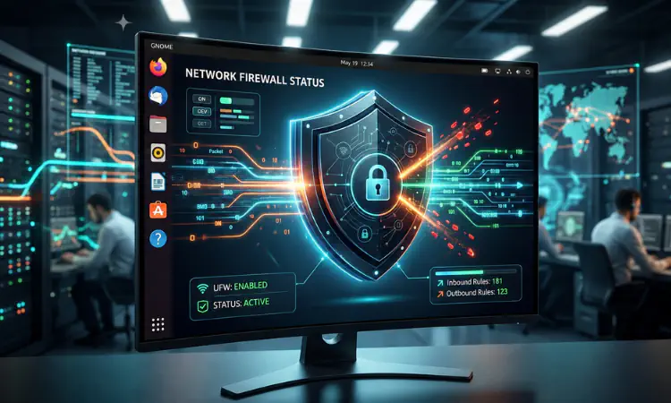 Tela de computador com ubuntu linux instalado e configurações do firewall ufw sendo exibidas