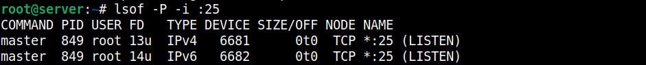 comando lsof exibindo na tela se uma porta específica está aberta no linux.