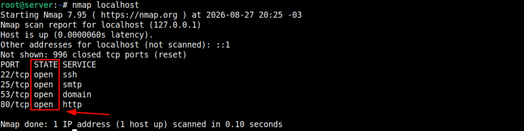 comando nmap escaneando host local para descobrir portas abertas no linux.
