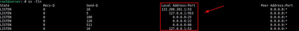 comando ss executado para descobrir portas abertas no linux, mas somente portas tcp