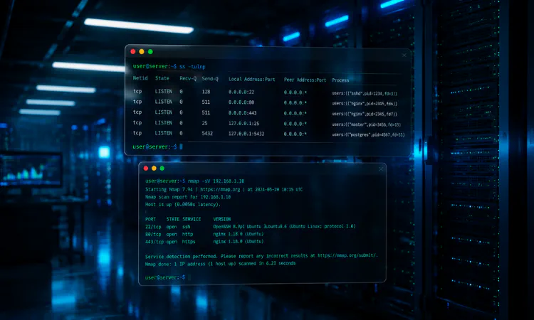 terminal linux com os comandos ss e nmap mapeando portas abertas no linux