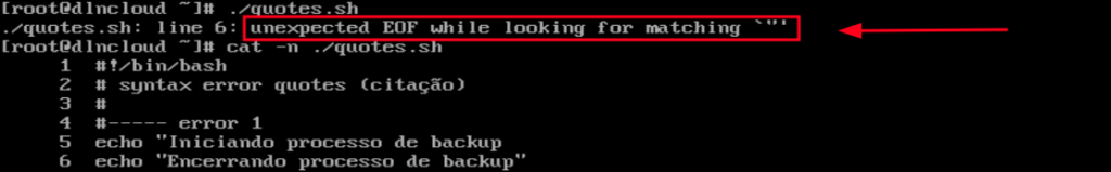 Erro "unexpected EOF while looking for matching `"'" sendo exbido ao executar script