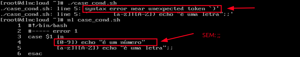 O erro "syntax error near unexpected token `)'" é exibido no terminal ao executar o script que tem um código com o comando if