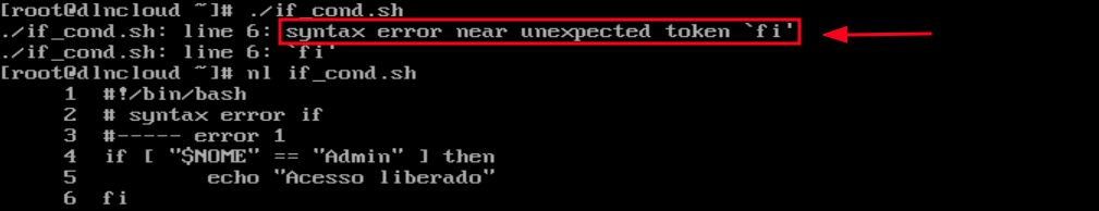 Erro "syntax error near unexpected token `fi'" exibido na tela ao executar script que executa uma estrutura condicional com o comando if