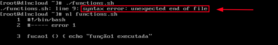 shell script functions.sh executado e o bash nã́o cria função e retorna o erro "syntax error: unexpected end of file"