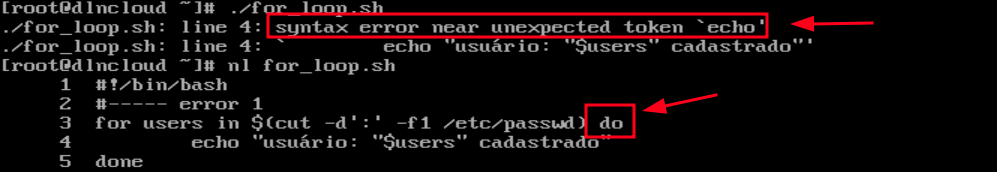 Script for_loop.h executado e o bash retorna no terminal o seguinte erro "syntax error near unexpected token `echo'"