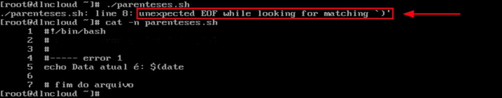 Script executado exibindo na saída do terminal o erro "unexpected EOF while looking for matching `)'"