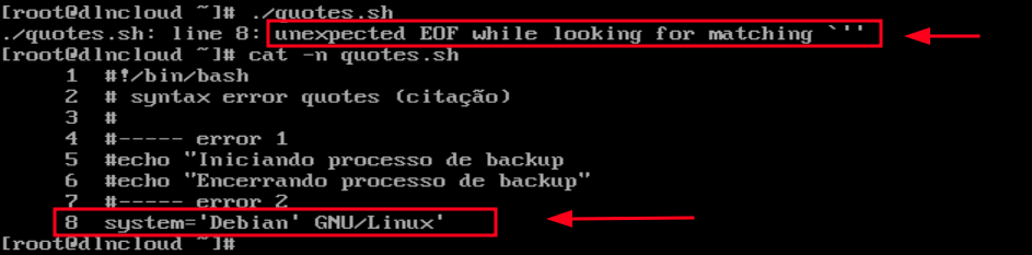 Erro "unexpected EOF while looking for matching `''" sendo exibido ao executar shell script que declara uma variável usando citações do jeito errado