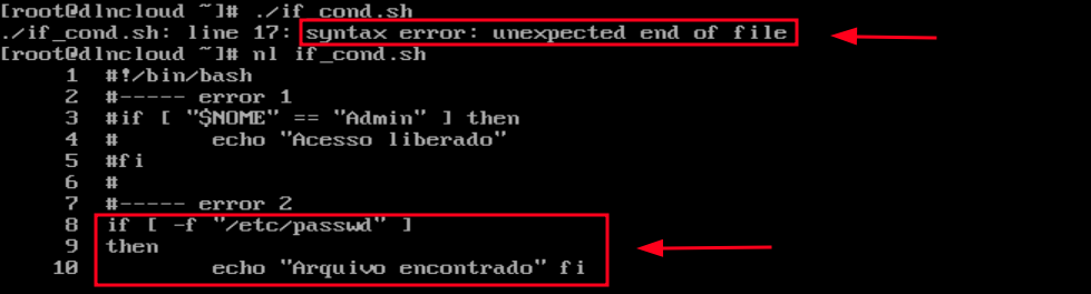 O erro "syntax error: unexpected end of file" é exibido no terminal ao executar o script que tem um código com o comando if