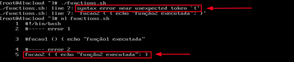 shell script functions.sh executado e o shell bash retorna o erro "syntax error near unexpected token `{'"