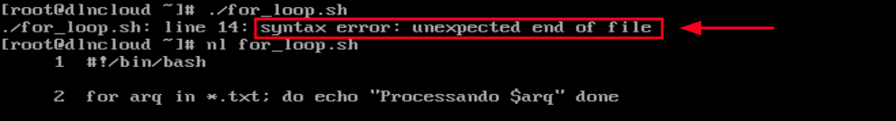 script for_loop.sh executado e o shell bash mostrando o erro "syntax error: unexpected end of file" no terminal sem executar o código do loop for
