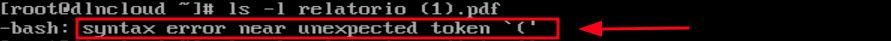 Saída do comando ls -l exibindo o erro "bash: syntax error near unexpected token `('"