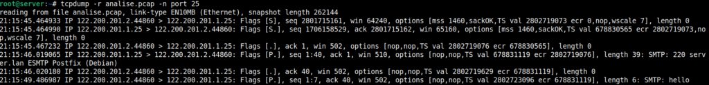 comando tcpdump lendo, exibindo e filtrando conteúdo do arquivo PCAP