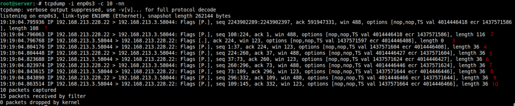 comando tcpdump limitando quantidade de pacotes capturados e que aparece na tela