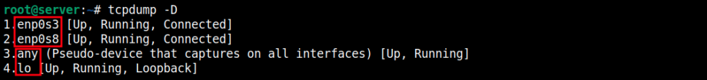 comando tcpdump -D listando as placas de rede que podem ser utilizadas para interceptar trafego