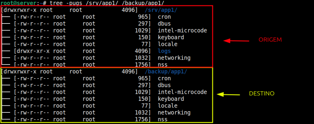 comando tree listando conteudos do diretório de origem e destino após backup feito pelo comando rsync