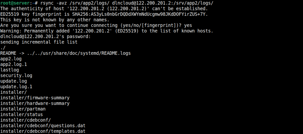 comando rsync copiando arquivos do servidor local para o servidor remoto com a segurança do ssh.
