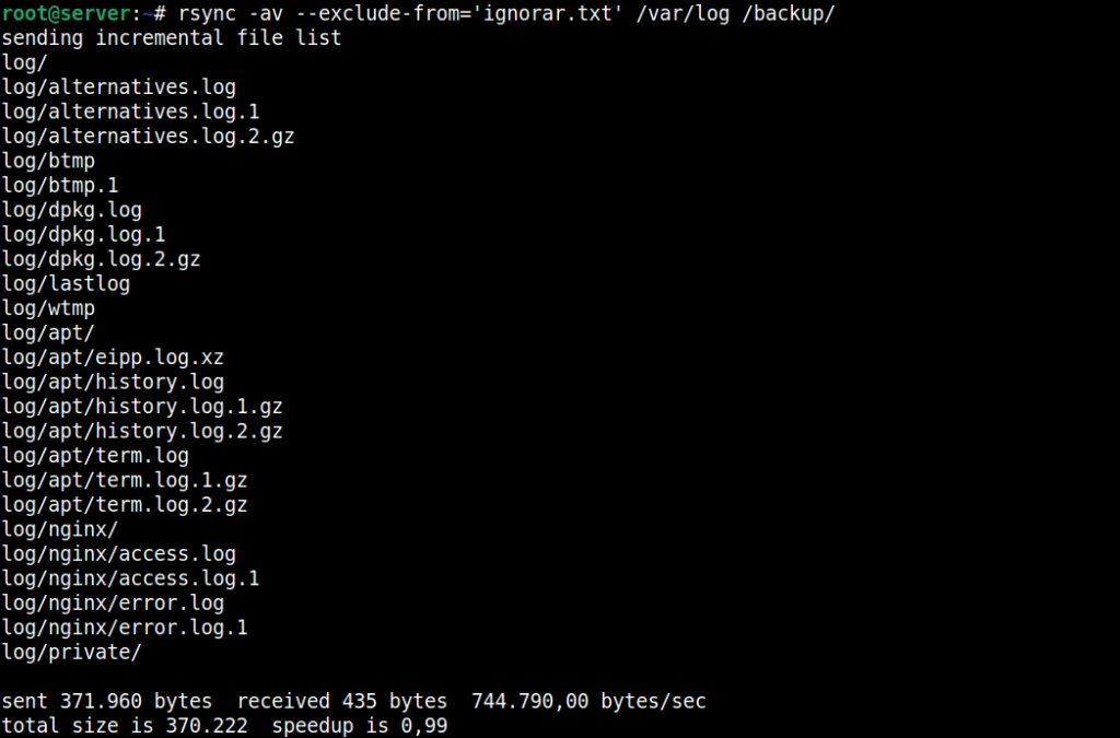 ignorando lista de arquivos usando a opção "--exclude-from" do comando rsync