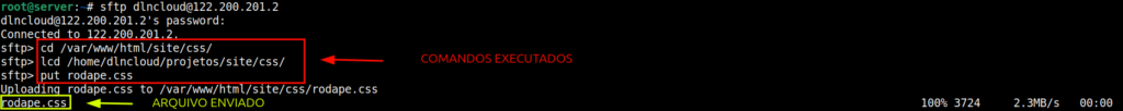 comandos executados no prompt do sftp para fazer upload de arquivo para servidor.